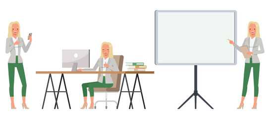 Set of working woman wear white suit color character vector design. Presentation in various action. Businesswoman working in office planning, thinking and economic analysis.