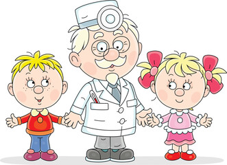 Good old doctor and happy little boy and girl talking about healthy lifestyle at home and at school, vector cartoon illustration isolated on a white background