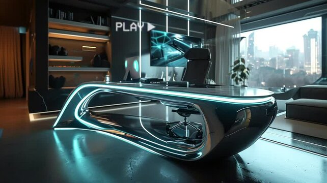 futuristic home office with a floating desk and holographic displays, loop video background animation, cartoon anime style, for vtuber / streamer backdrop