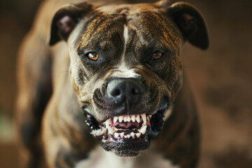 an angry aggressive pit bull terrier type dog snarling at the camera with sharp teeth