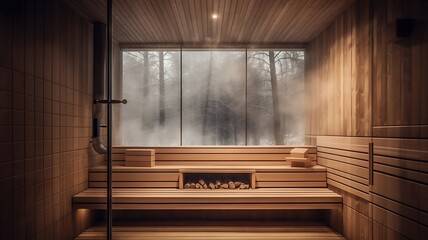 Wooden sauna interior with steam coming out of the window.