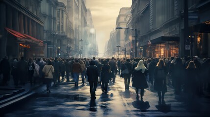 a crowd of people walking in the city