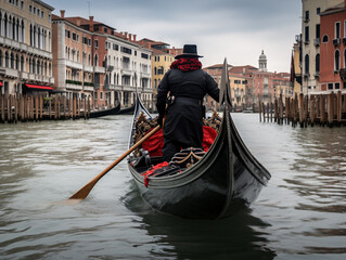 a person in a gondola on a canal