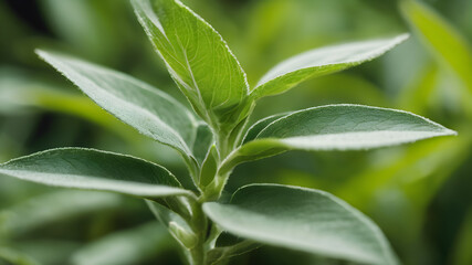 Close-up of a green plant, sage leaves plant, medicine plant,Closeup of fresh green leaves of sage on blurred background against sunlight in nature