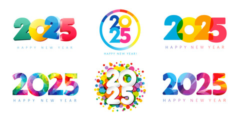 2025 colorful big set of Happy New Year logo design. Happy New Year numbers 3d, round, watercolor, stained glass, colored confetti and facet. Calendar template vector symbols
