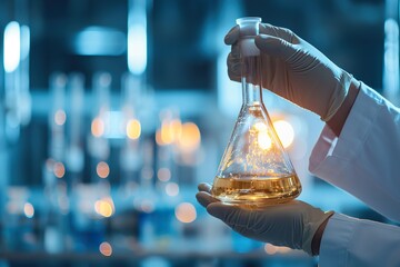 Close up hand of scientist holding flask with lab glassware in chemical laboratory background, science laboratory research and development concept