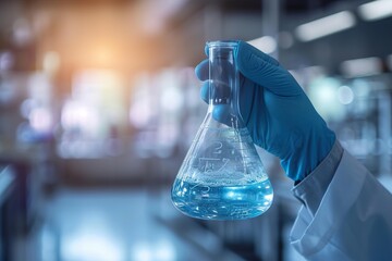 Close up hand of scientist holding flask with lab glassware in chemical laboratory background, science laboratory research and development concept - obrazy, fototapety, plakaty