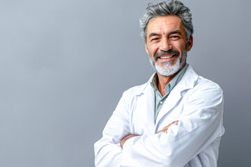 Professional male doctor in white uniform with stethoscope posing crossing hands and smiling - obrazy, fototapety, plakaty