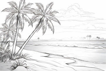 coloring pages of tropical beach with palm trees in sunset