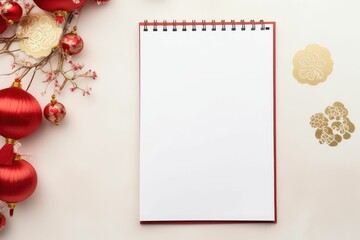 top view blank diary page , red and white color , chinese decoration beside, chinese new year 