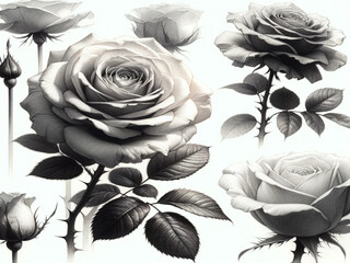  Pencil sketch botanical illustrations of a mono tone rose, each showcasing the intricate details and soft presentation. - obrazy, fototapety, plakaty