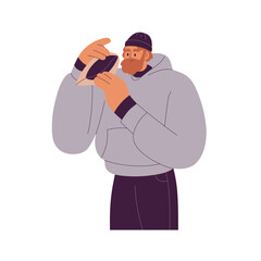 Sad poor man opening empty wallet. Needy moneyless person lacking money, cash problem. Poverty, bankruptcy, financial crisis concept. Flat graphic vector illustration isolated on white background
