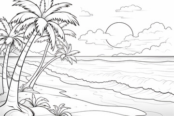 coloring pages of tropical beach with palm trees in sunset