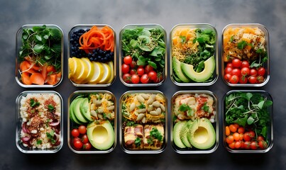 Healthy eating concept. Fresh fruits, vegetables and nuts in lunch boxes on dark background - obrazy, fototapety, plakaty