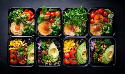 Healthy food delivery concept. Take away of natural organic meals in paper boxes.