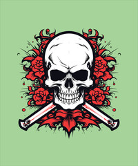 Skull with Crossed Arrows and Roses Flowers. Vector illustration.
