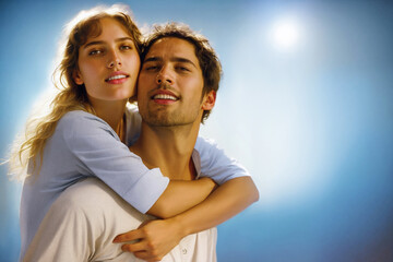 Obraz premium Happy couple in rim light, on blue background with copy space