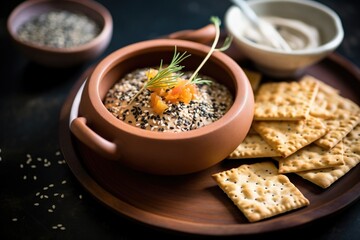 high angle shot of seed crackers in a clay dish