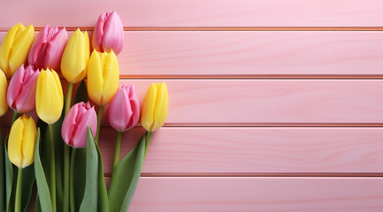 yellow and pink tulips on pink wooden background