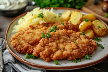 A schnitzel with a side of tangy sauerkraut and crispy potatoes