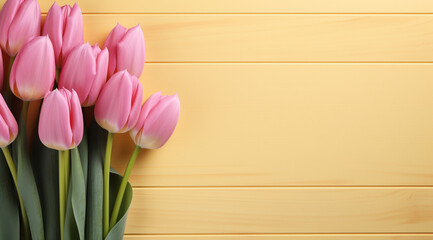 yellow tulips on yellow wooden background