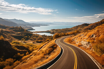 An empty mountain highway on a sunny day, bird eye view - Powered by Adobe
