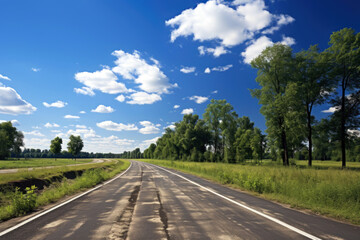 An empty rural road perspective on a sunny summer day, low angle view