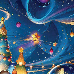 Dark silhouette of Christmas tree with many lights in night winter landscape under dark sky with many stars, vector illustration. Vector illustration stars standing in cold breeze on Christmas eve.