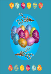   Easter composition with colorful Easter eggs and catkins - 706921503