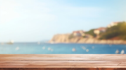 Empty Wooden table with sea view background. Copy space for montage