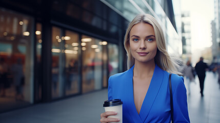 Young smiling business woman blond with cup of coffee  walking to work in city
