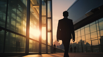 Silhouette of business man walking in office building  with sun rays on background