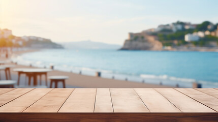 Obraz premium Empty Wooden table with sea view background. Copy space for montage