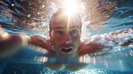 A man swimmer diving into the water,  training in swimming pool 