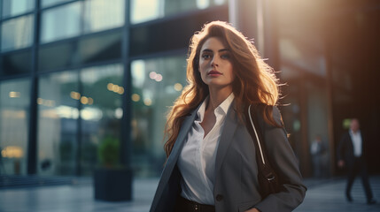Fototapeta premium Young busy business woman walking to work in a city 