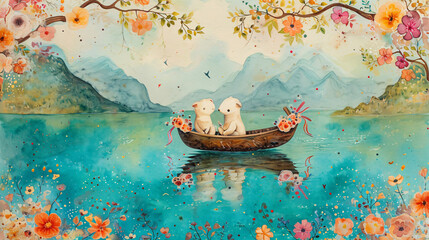 Tranquil watercolor of two animals on a romantic boat