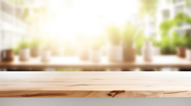 Empty beautiful wood table top counter and blur bokeh modern kitchen interior background in clean and bright. Banner with copy space
