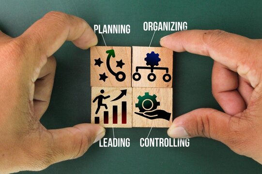 A wooden box with four management functions, namely planning, organizing, leading, and controlling.