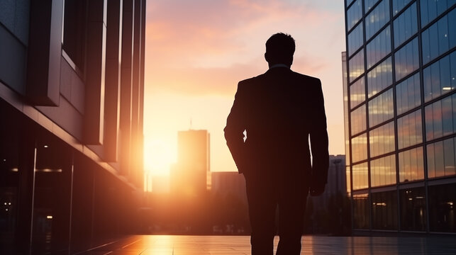 Silhouette of business man walking in office building  with sun rays on background