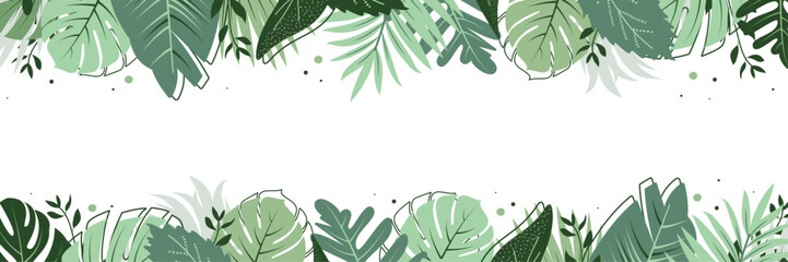 Abstract background banner made of botanical tropical palm leaves branches in the jungle in green color. Flat style. Vector illustration. - obrazy, fototapety, plakaty