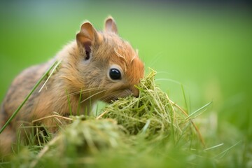 squirrel tucking grass into nest structure