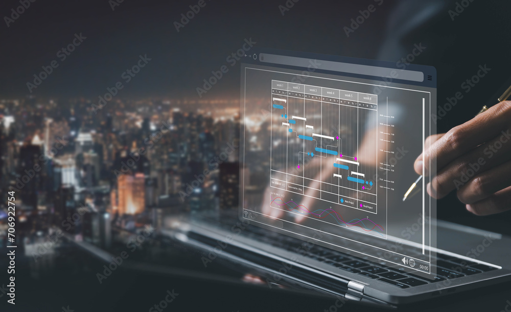 Poster project planner in software. schedule plan management work update and workflow. concept updating and managing milestones on a timeline Gantt chart in technology online. appointment staff of business