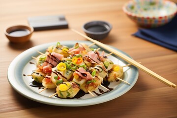 fresh takoyaki on a plate with chopsticks