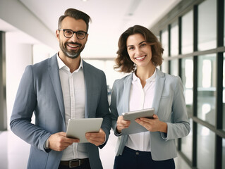 Smiling two professional business people standing in office with with digital tablets and looking...