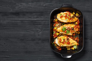 chicken breasts with vegetables, olives, top view