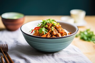 vegan tempeh chili in a bowl with vegan sour cream