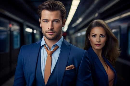 Portrait of a confident businessman and business woman in train station