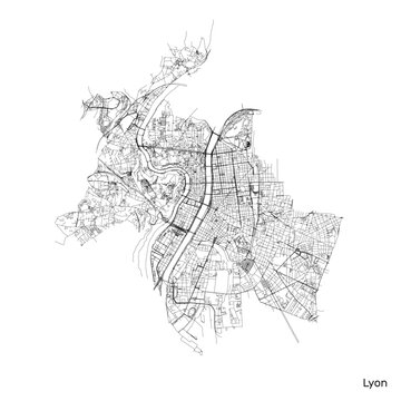 Lyon city map with roads and streets, France. Vector outline illustration.