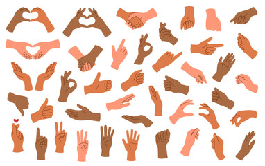 Set of hands of different skin tone with gestures isolated on white background.	 - obrazy, fototapety, plakaty