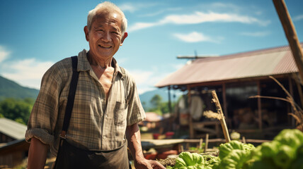 ふるさとで農作業をするおじいさん。日本の農業風景,Generative AI